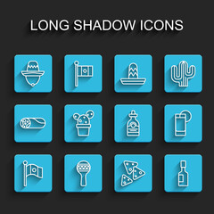 Set line Mexico flag, Maracas, Mexican sombrero, Nachos, Tabasco sauce, Cactus or succulent in pot, Tequila glass with lemon and bottle icon. Vector