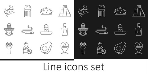 Set line Mexican sombrero, Tequila bottle, Taco with tortilla, Cigar, man, Sliced lime, and Salt icon. Vector