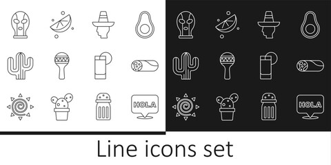Set line Hola, Burrito, Mexican man sombrero, Maracas, Cactus, wrestler, Tequila glass with lemon and Sliced lime icon. Vector © vector_v