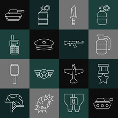 Set line Military tank, reward medal, Hand grenade, knife, beret, Walkie talkie, and Submachine gun icon. Vector