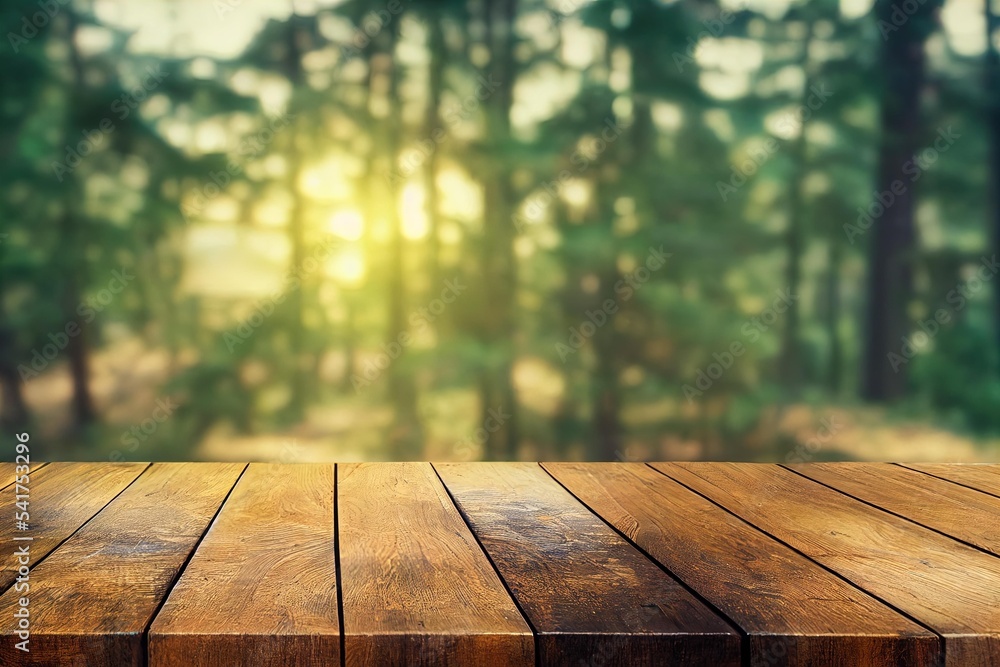 Poster an empty wooden table in front of a forest, a wooden plank in front of trees with a sunny background