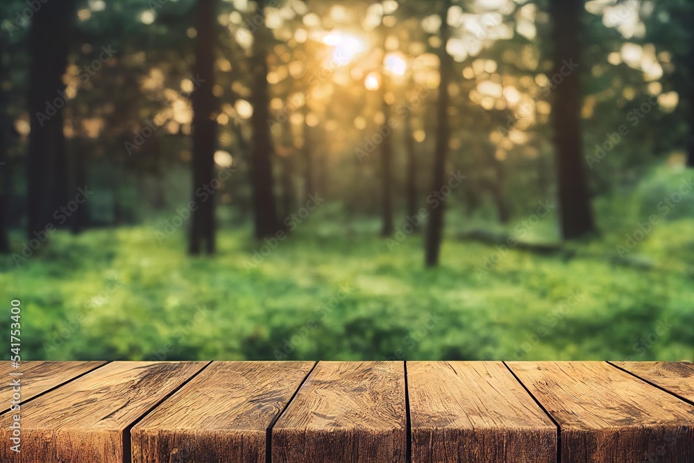 Poster an empty wooden table in the middle of a forest, a wooden table on a grass field during the day. gen
