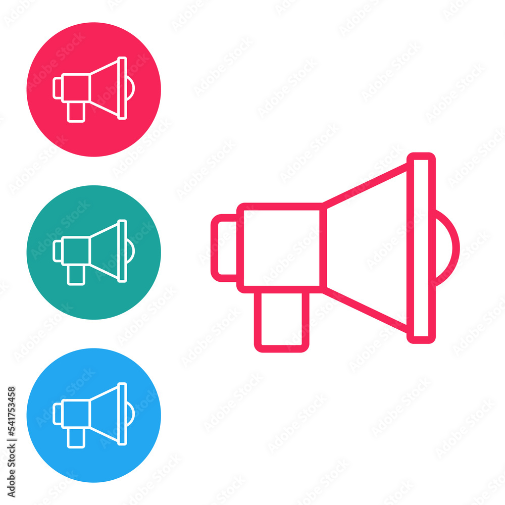 Poster red line megaphone icon isolated on white background. speaker sign. set icons in circle buttons. vec
