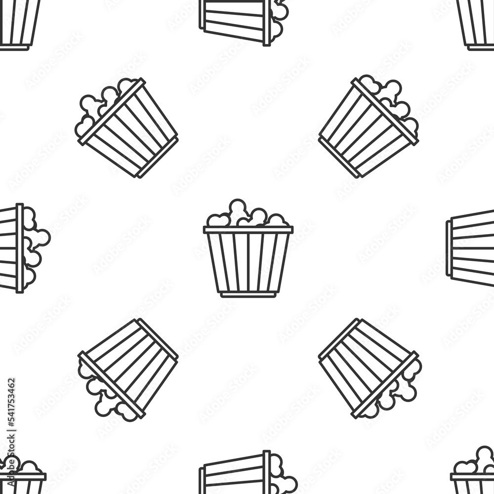 Poster grey line popcorn in cardboard box icon isolated seamless pattern on white background. popcorn bucke