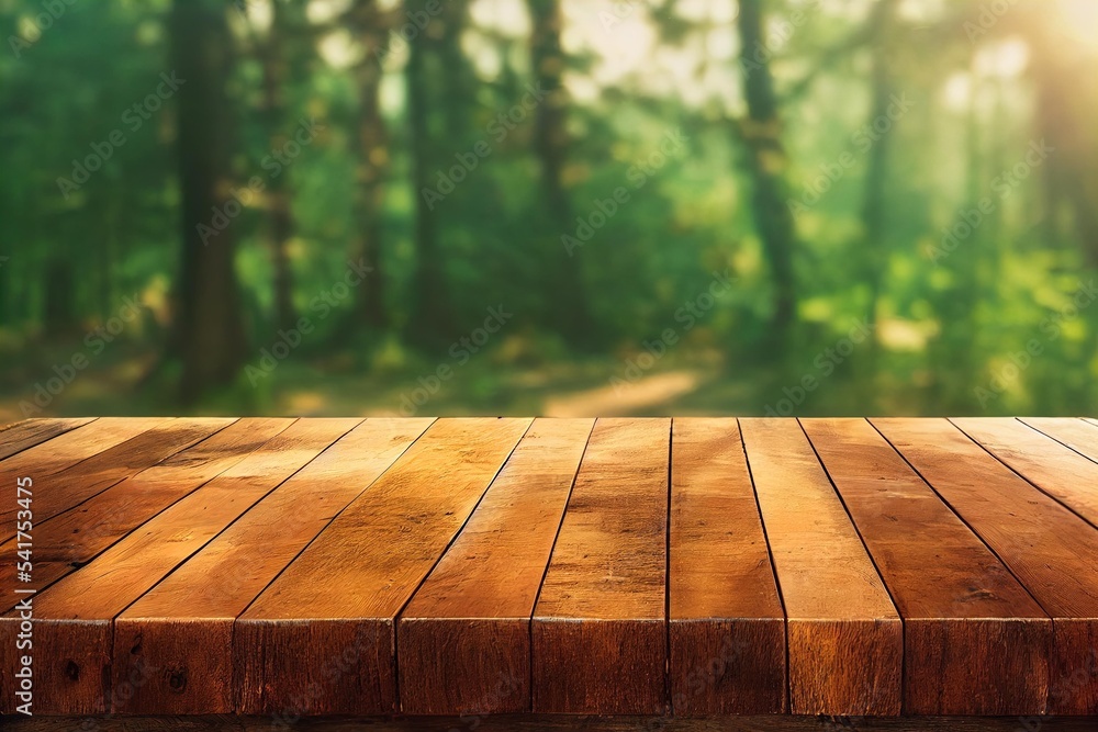 Poster a wooden table in front of a forest, an empty wood table with a forest in the background. generative