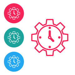 Red line Time Management icon isolated on white background. Clock and gear sign. Productivity symbol. Set icons in circle buttons. Vector