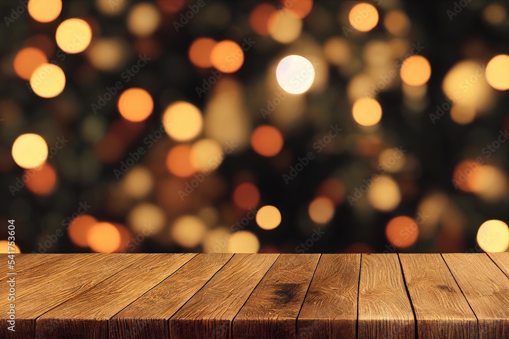 Aufkleber a wooden table with blurred lights in the background, a wooden table sitting in front of a defiled b