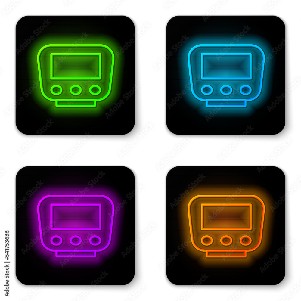 Poster glowing neon line bicycle speedometer icon isolated on white background. black square button. vector