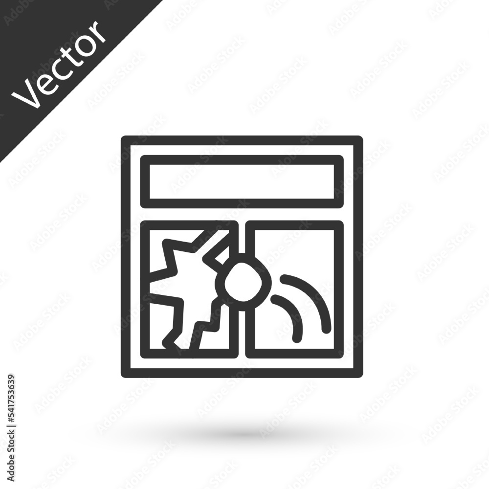 Poster grey line broken window icon isolated on white background. damaged window. beaten windowpane concept