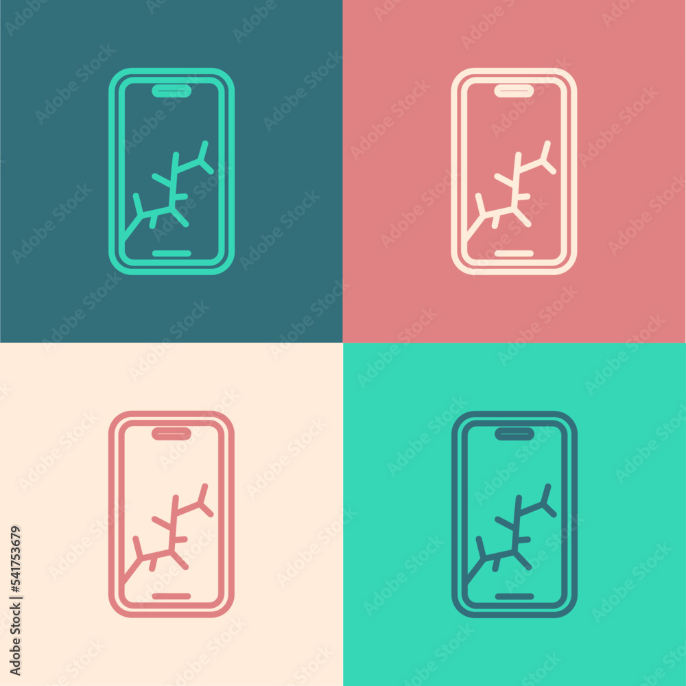 Poster pop art line smartphone with broken screen icon isolated on color background. shattered phone screen