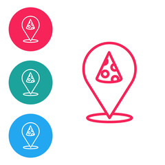 Red line Slice of pizza icon isolated on white background. Fast food menu. Set icons in circle buttons. Vector