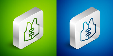 Isometric line Life jacket icon isolated on green and blue background. Life vest icon. Extreme sport. Sport equipment. Silver square button. Vector