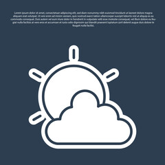 Blue line Sun and cloud weather icon isolated on blue background. Vector