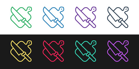 Set line Cutting board and knife icon isolated on black and white background. Chopping Board symbol. Cutlery symbol. Vector