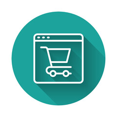 White line Online shopping on screen icon isolated with long shadow background. Concept e-commerce, e-business, online business marketing. Green circle button. Vector