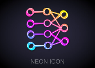 Glowing neon line Neural network icon isolated on black background. Artificial intelligence AI. Vector