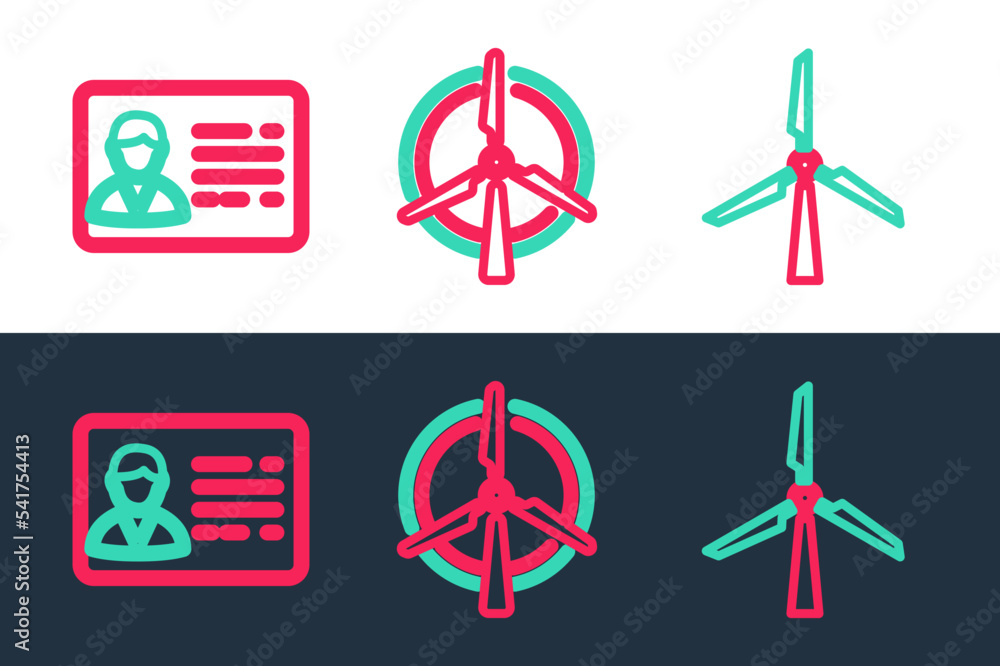 Sticker set line wind turbine, identification badge and rotating wind icon. vector