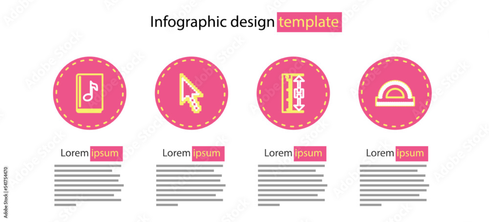 Poster set line measuring height and length, protractor grid, pixel arrow cursor and audio book icon. vecto