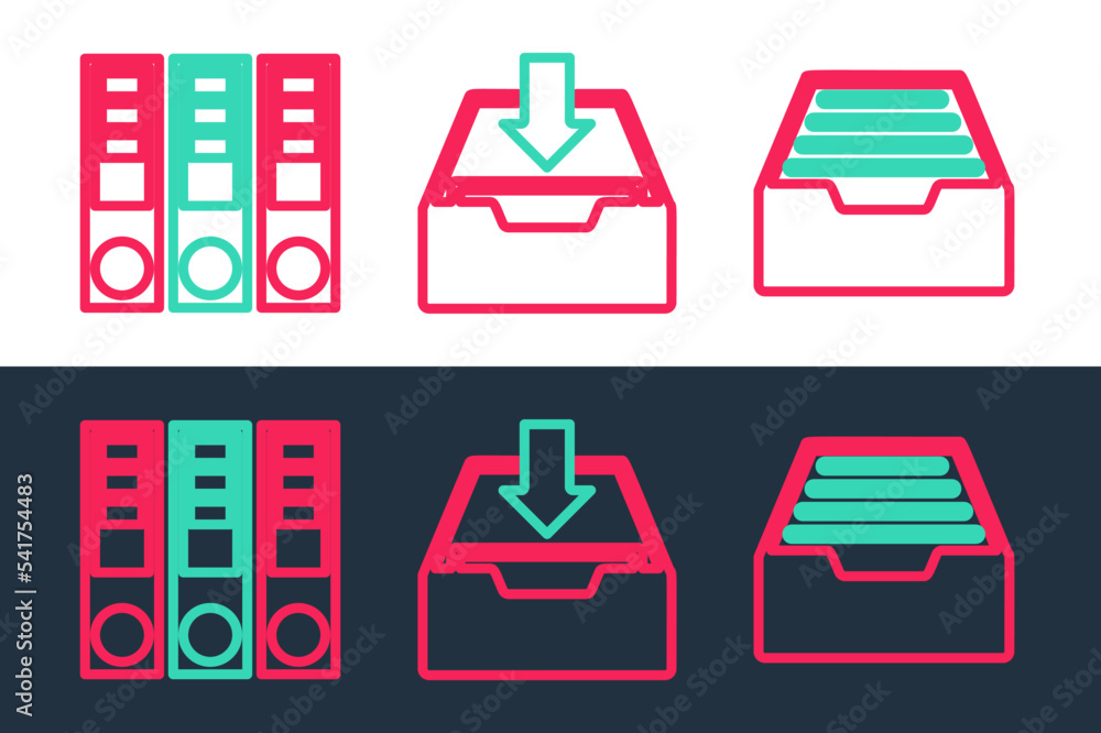 Aufkleber set line drawer with documents, office folders and download inbox icon. vector