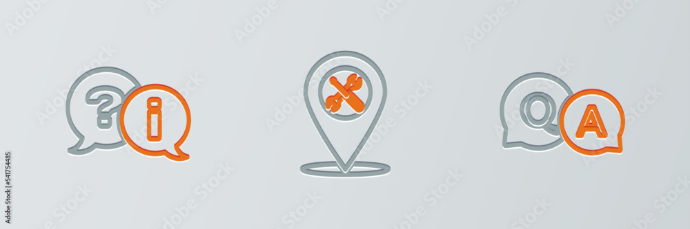 Poster set line question and answer, exclamation and location service icon. vector