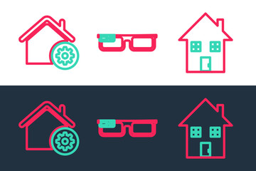 Set line House under protection, Smart home settings and glasses icon. Vector