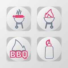 Set line Mustard bottle, Barbecue fire flame, grill and grilled shish kebab icon. Vector