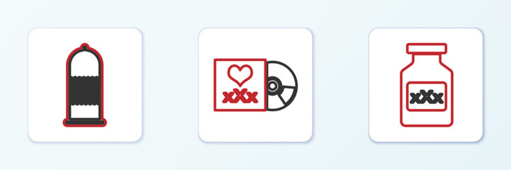 Obraz premium Set line Bottle with pills for potency, Condom safe sex and Disc inscription Sex icon. Vector