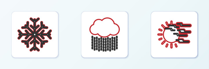 Set line Fog and sun, Snowflake and Cloud with rain icon. Vector