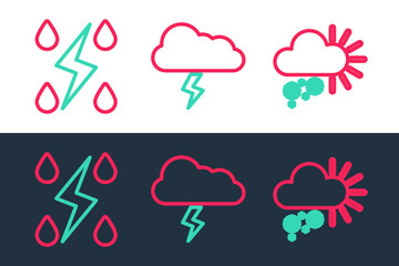 Set line Cloudy with snow, Storm and icon. Vector