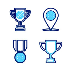 Set line Hand with basketball ball, Basketball medal, Thoughts on and Award cup icon. Vector