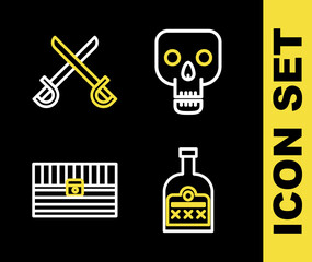 Set line Skull, Alcohol drink Rum bottle, Antique treasure chest and Crossed pirate swords icon. Vector