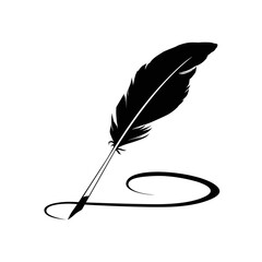 Vintage Feather quill pen with black ink stroke, classic stationery illustration isolated on white background