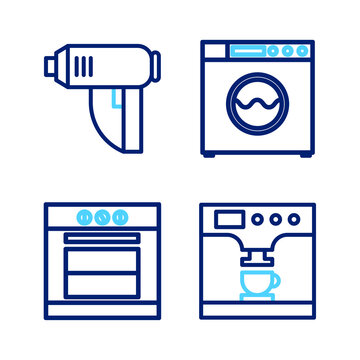 Set Line Coffee Machine And Cup, Oven, Washer And Electric Industrial Dryer Icon. Vector