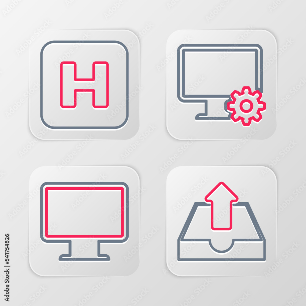 Poster set line upload inbox, computer monitor screen, and gear and hospital icon. vector