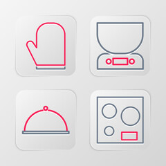 Set line Electric stove, Covered with tray, Electronic scales and Oven glove icon. Vector