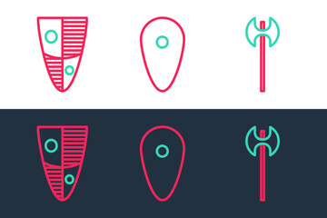 Set line Medieval axe, Shield and icon. Vector