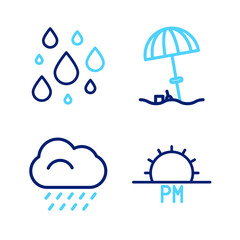 Set line Sunset, Cloud with rain, protective umbrella for beach and Water drop icon. Vector