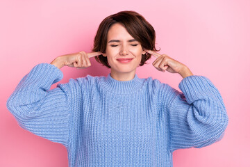 Portrait of pretty young person fingers covering ears closed eyes isolated on pink color background - obrazy, fototapety, plakaty