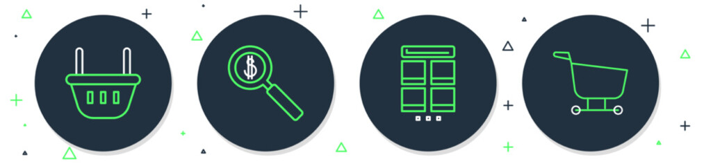 Set line Magnifying glass and dollar, Online shopping on mobile, Shopping basket and cart icon. Vector