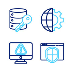 Set line Browser with shield, Monitor exclamation mark, Globe of the Earth and gear and Server security key icon. Vector