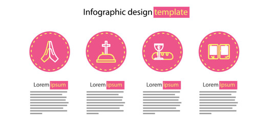 Set line First communion symbols, The commandments, Tombstone with cross and Hands in praying position icon. Vector