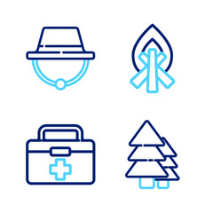 Set line Tree, First aid kit, Campfire and Camping hat icon. Vector