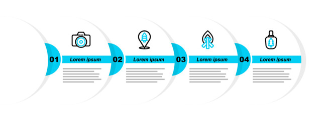 Set line Canteen water bottle, Campfire, Location of the forest and Photo camera icon. Vector