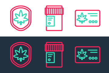 Set line Calendar and marijuana leaf, Shield and Medical bottle with cannabis icon. Vector