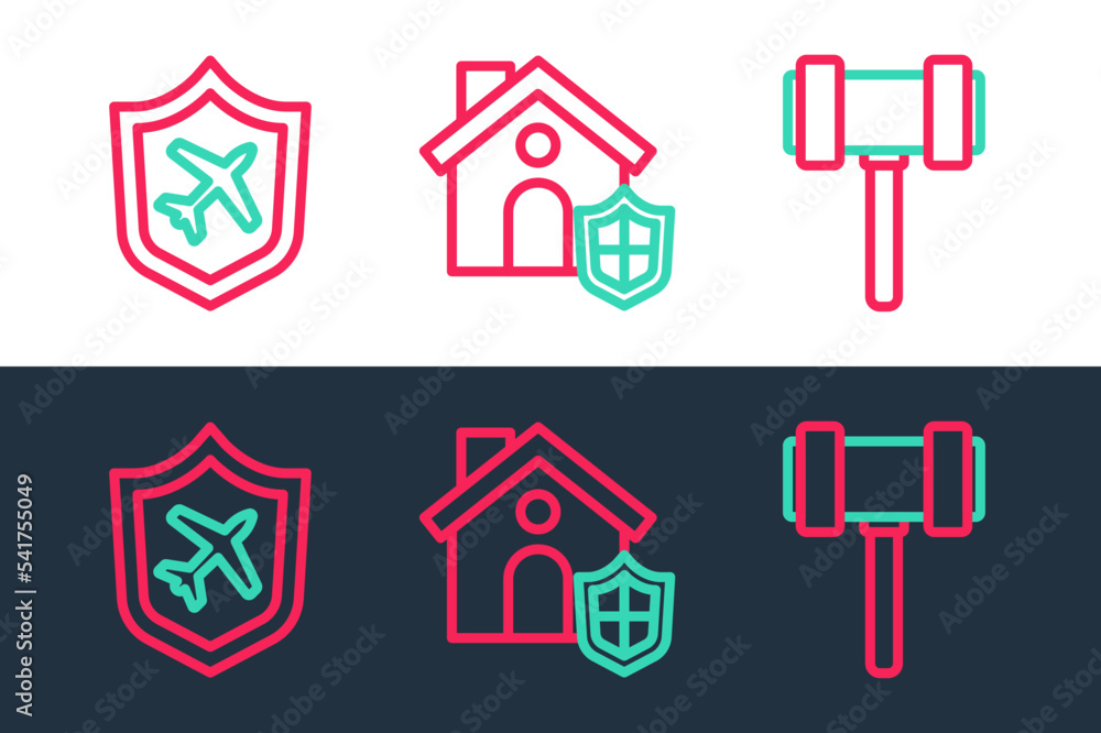 Poster set line judge gavel, plane with shield and house icon. vector