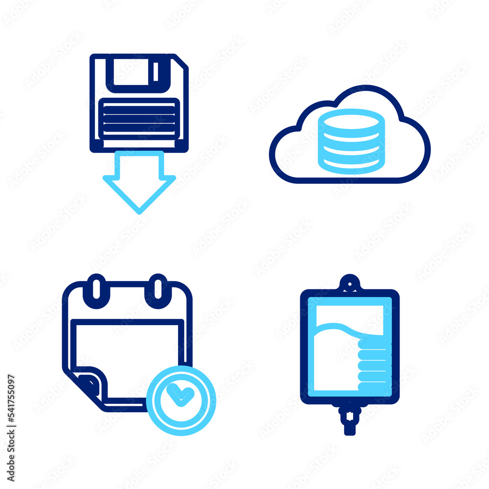 Poster set line iv bag, calendar and clock, cloud database and floppy disk backup icon. vector