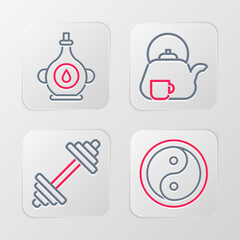 Set line Yin Yang, Dumbbell, Teapot with cup and Oil bottle icon. Vector