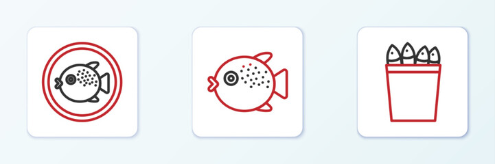 Set line Fishing bucket with fishes, Puffer on a plate and icon. Vector