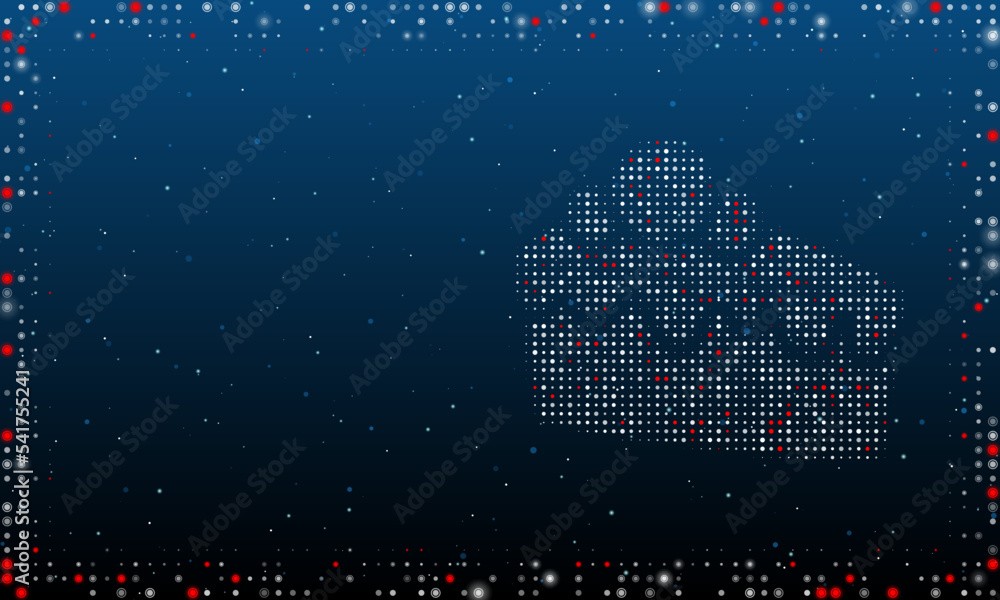 Poster on the right is the piece of cake symbol filled with white dots. pointillism style. abstract futuris