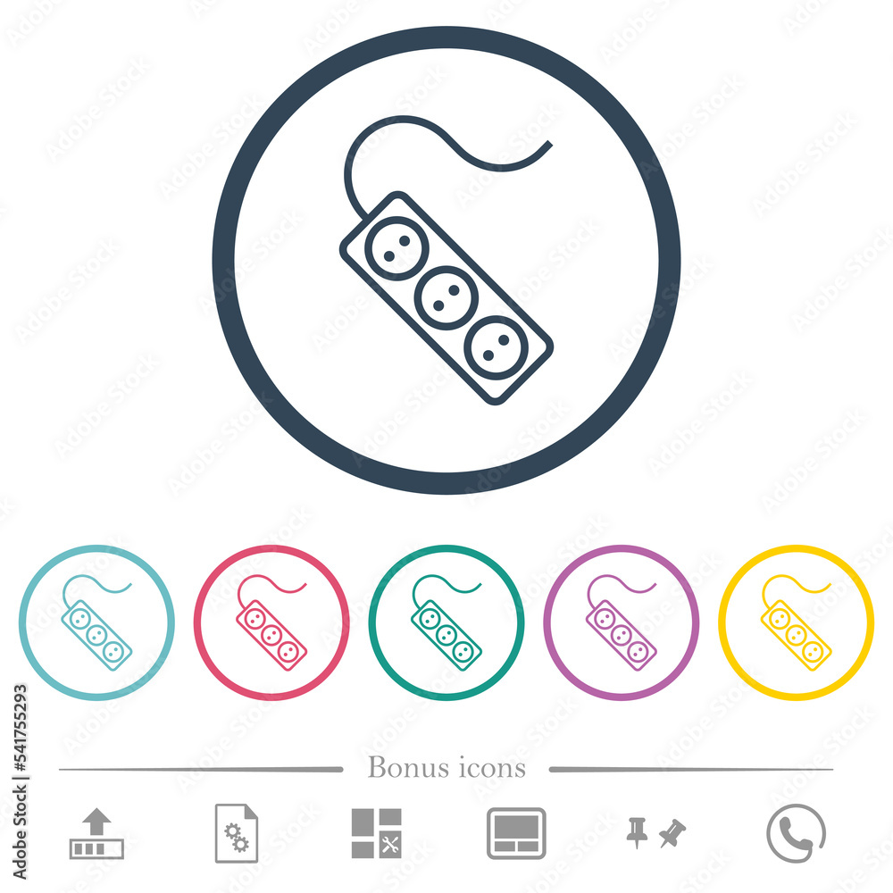 Poster portable electrical outlet with three sockets and cord outline flat color icons in round outlines